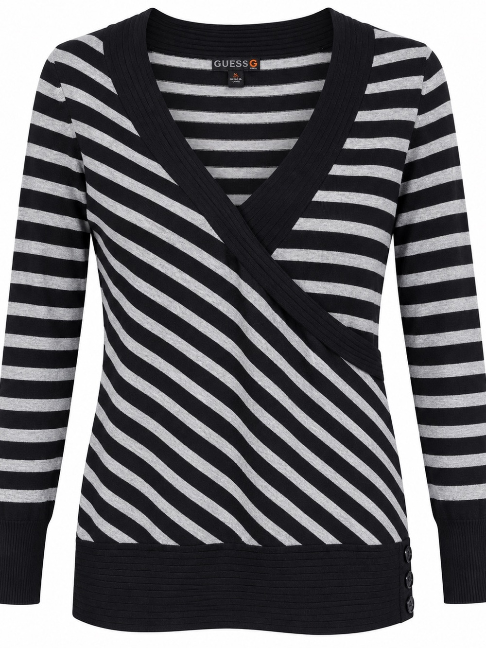 G by Guess Black & Gray Striped Wrap V-Neck Sweater